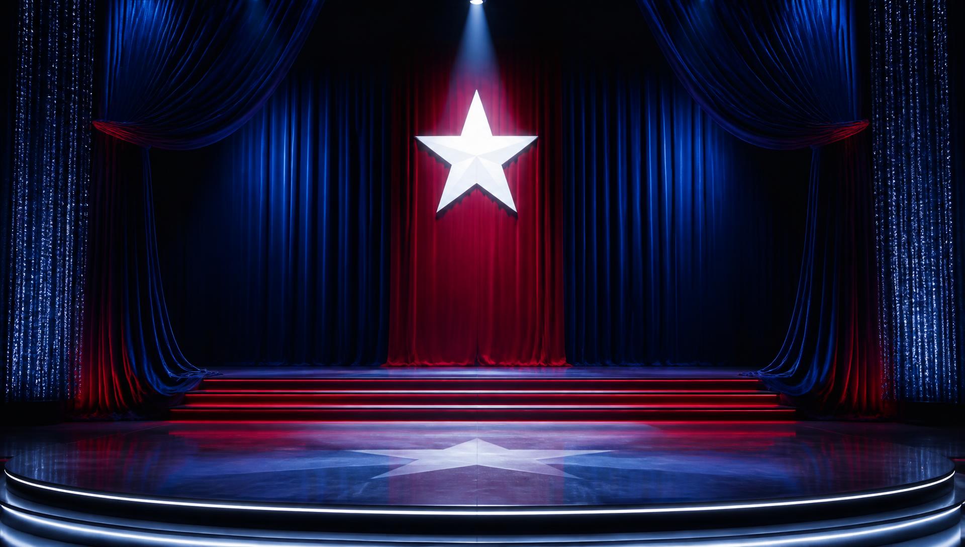 Texas pageant stage with navy blue curtains, red banner and a glowing white lone star